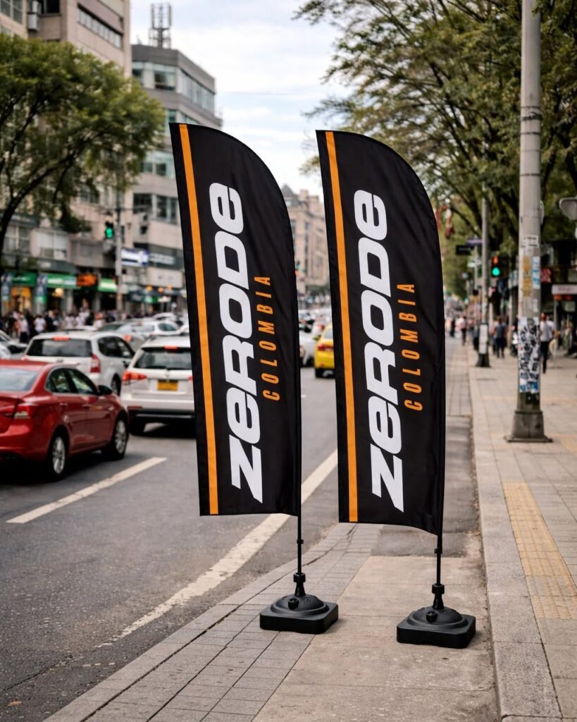 Banderas publicitarias tipo pluma con base instaladas en el andén de una avenida
