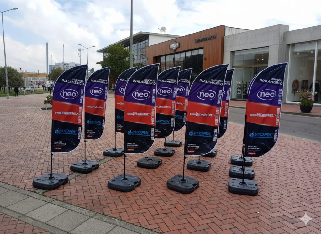 Fila de banderas publicitarias tipo pluma frente a un local comercial